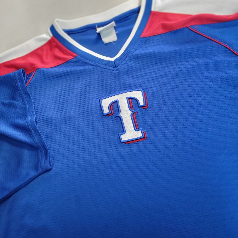 Majestic Texas‎ Rangers MLB Blue Red White V-Neck Mesh Jersey Mens XL